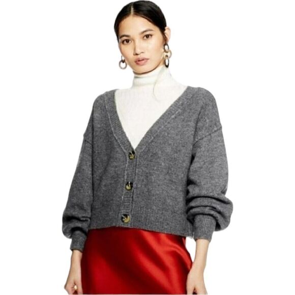 TopShop Gray Balloon Sleeve Button Down Cardigan Sweater - Picture 1 of 7